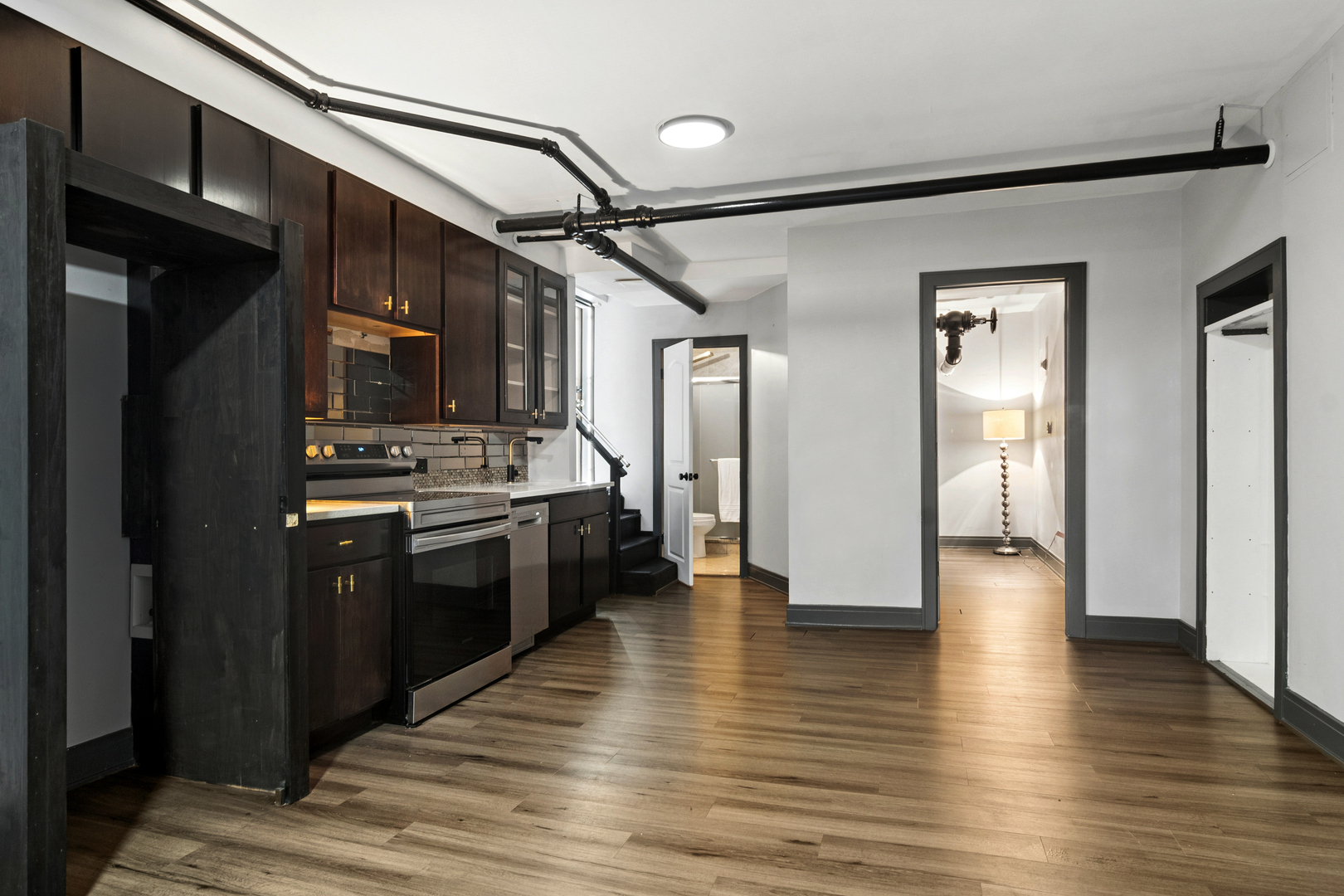 Kitchen with dark cabinets, stainless steel appliances, wood-look flooring, and exposed ceiling pipes.