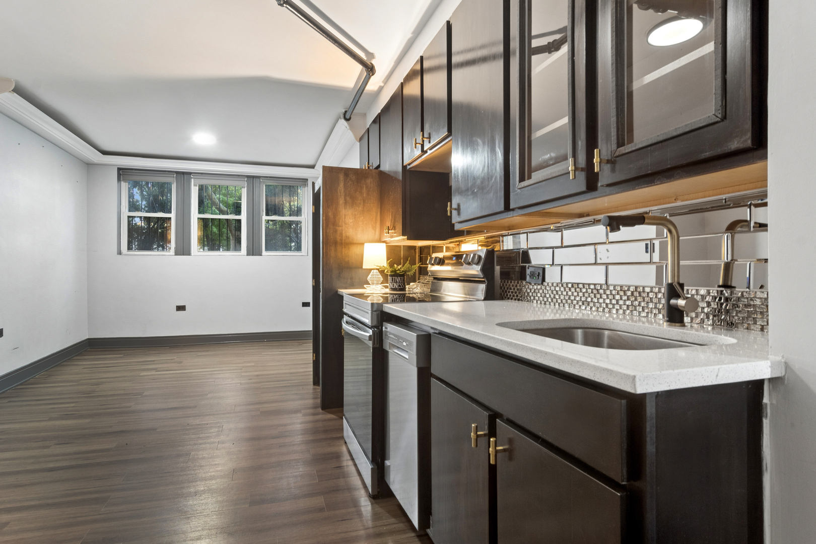 Kitchen with dark cabinets, white countertops, stainless steel appliances, and three windows.