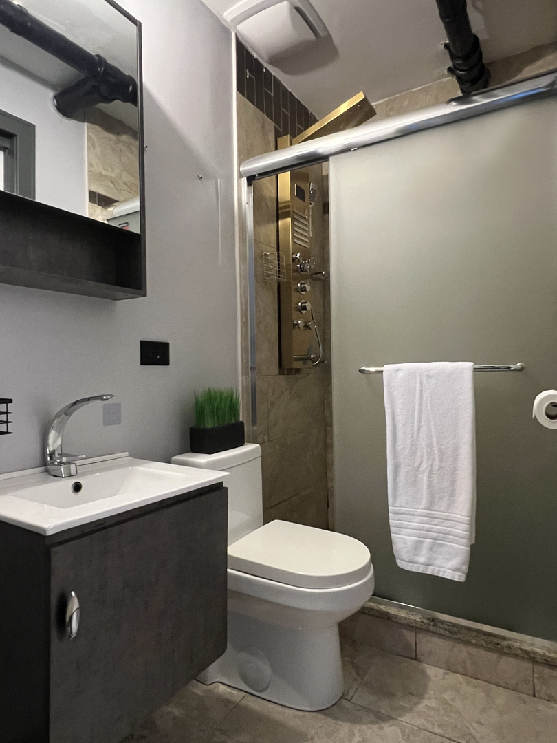 Bathroom with dark vanity, white toilet, and glass shower with a bronze-colored shower panel.