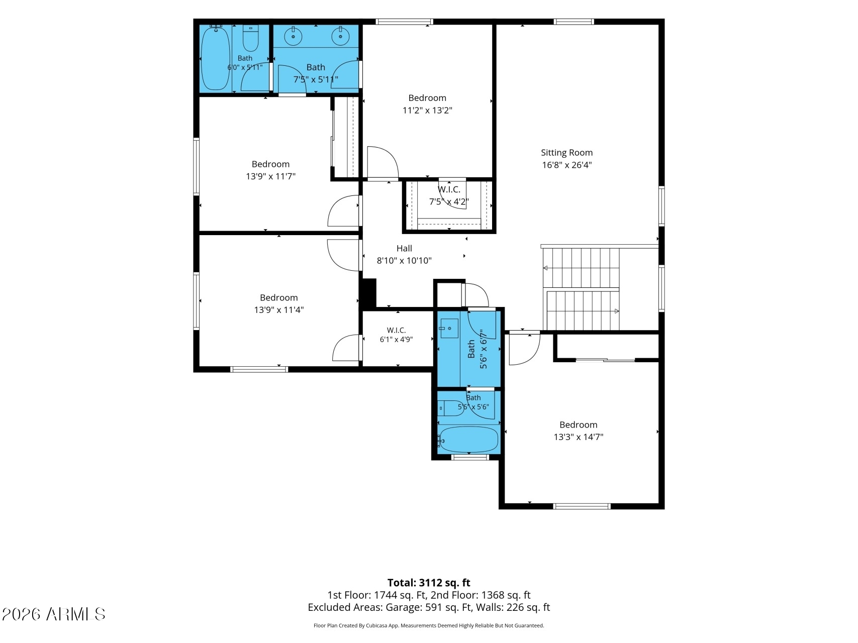 Floor plan showing four bedrooms, a sitting room, bathrooms, closets, a hall, and stairs.