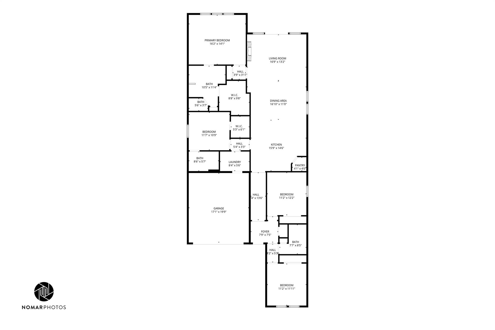 Floor plan showing four bedrooms, open living and dining areas, kitchen, laundry, and garage.