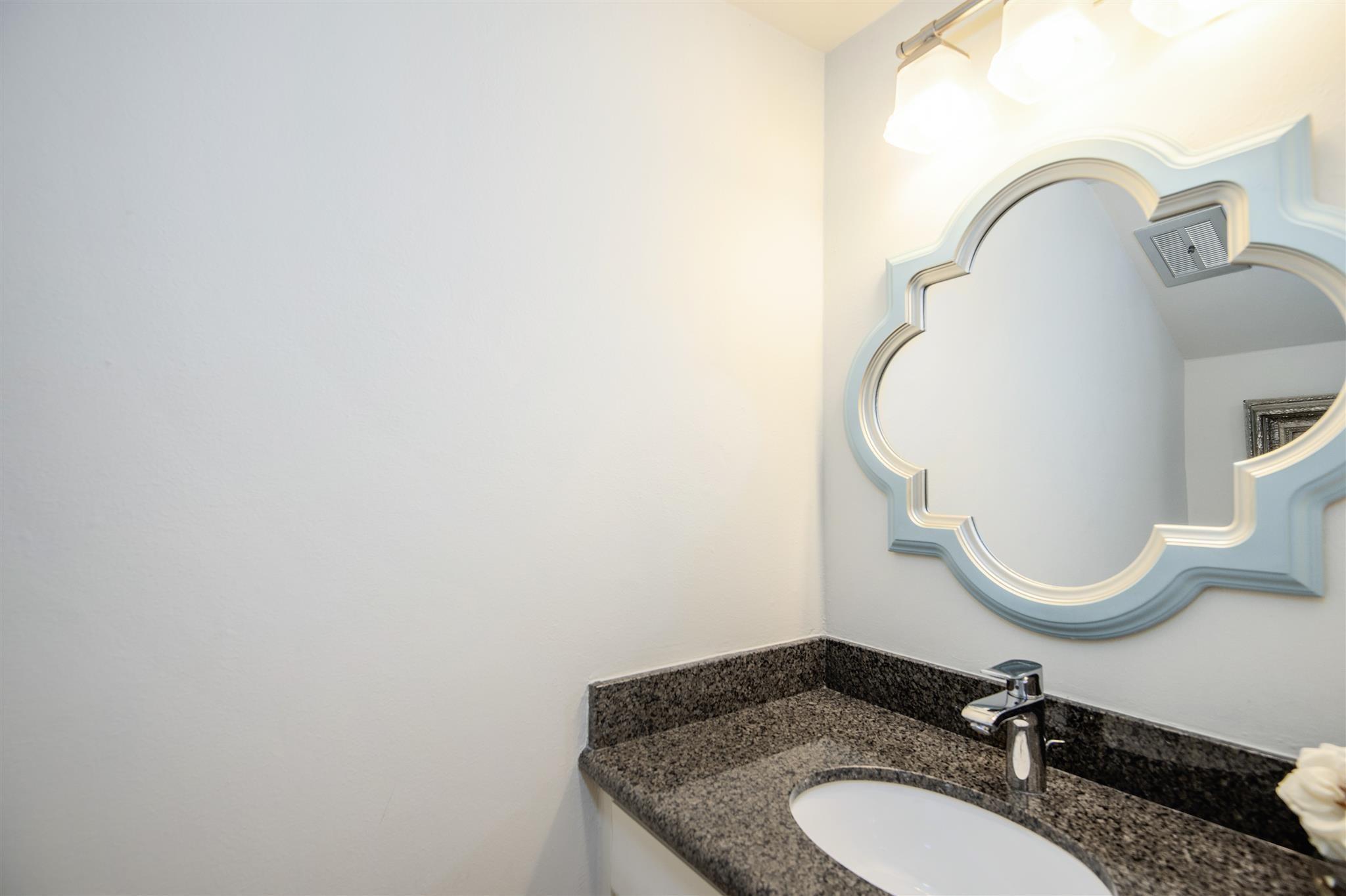 Bathroom vanity with a speckled granite counter, chrome faucet, and ornate framed mirror.