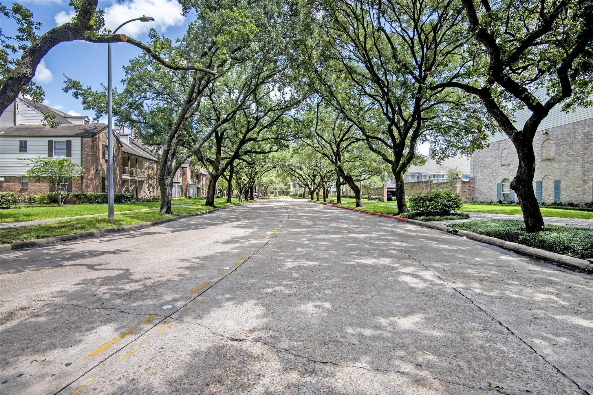 Residential street shaded by mature trees, with multi-unit buildings on either side.