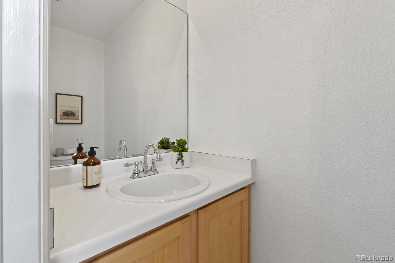 Bathroom vanity with a white sink, chrome faucet, light wood cabinets, and a potted plant.