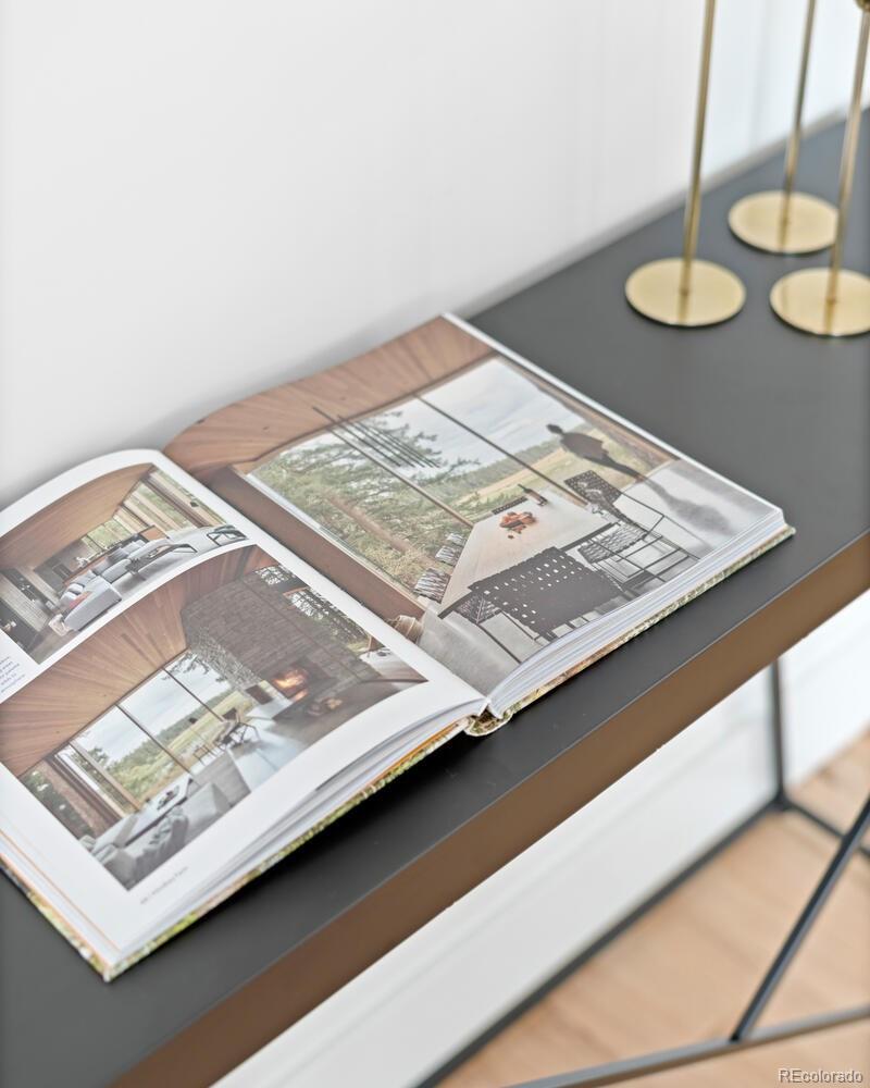 Open architecture book on a dark console table with brass accents.