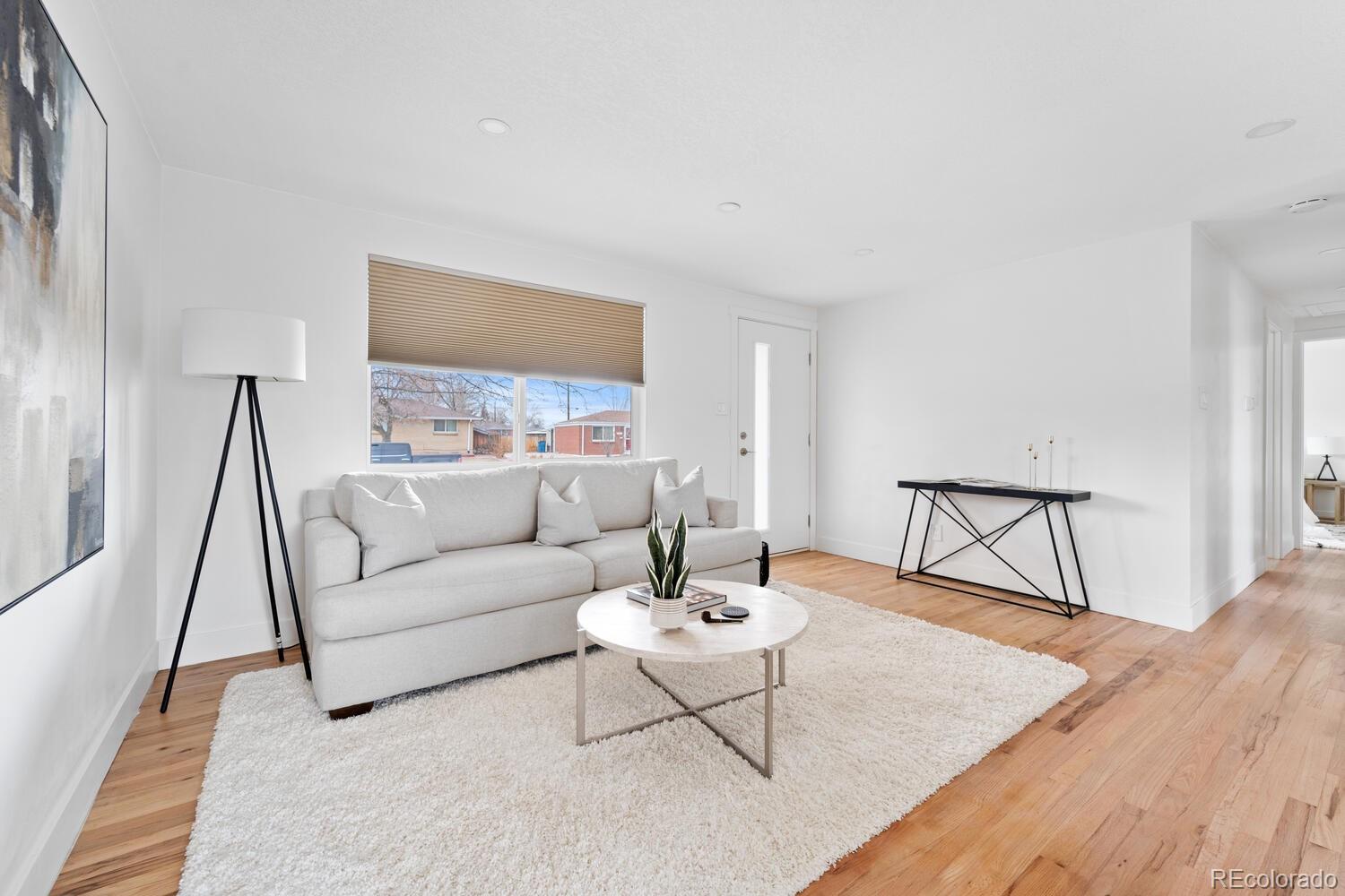 Bright living room with a white sofa, round coffee table, and large rug on hardwood floors.
