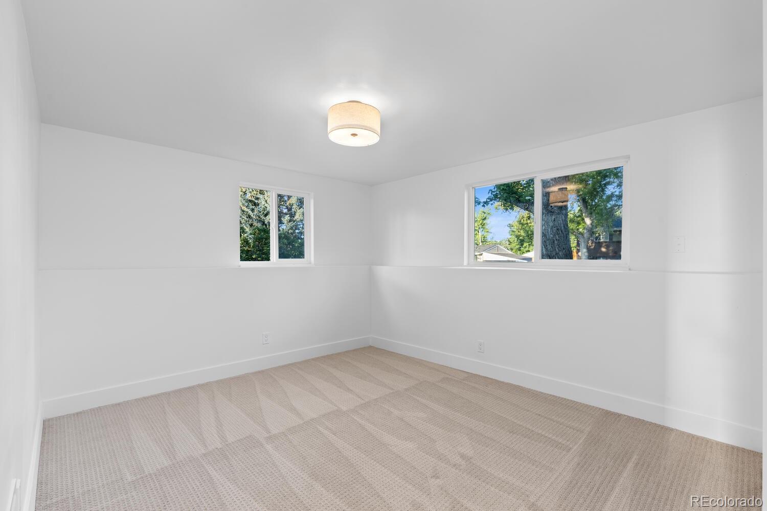 Empty bedroom with beige carpet, two windows, and a ceiling light.