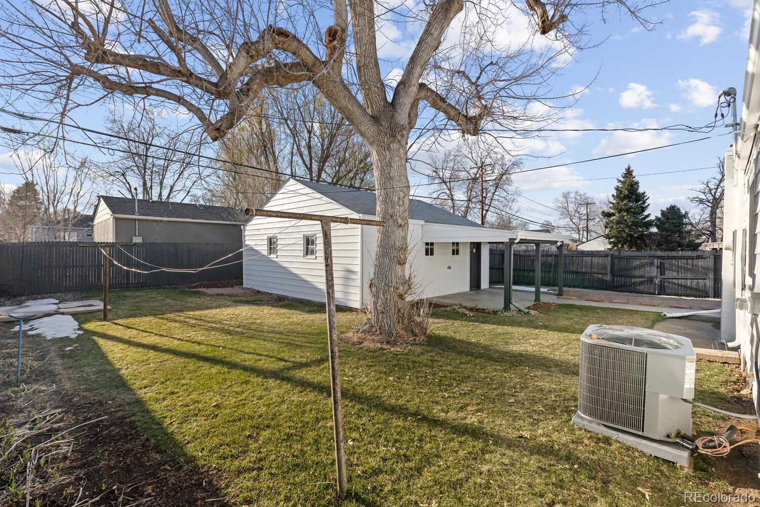 Backyard with a large leafless tree, lawn, privacy fence, and covered patio.