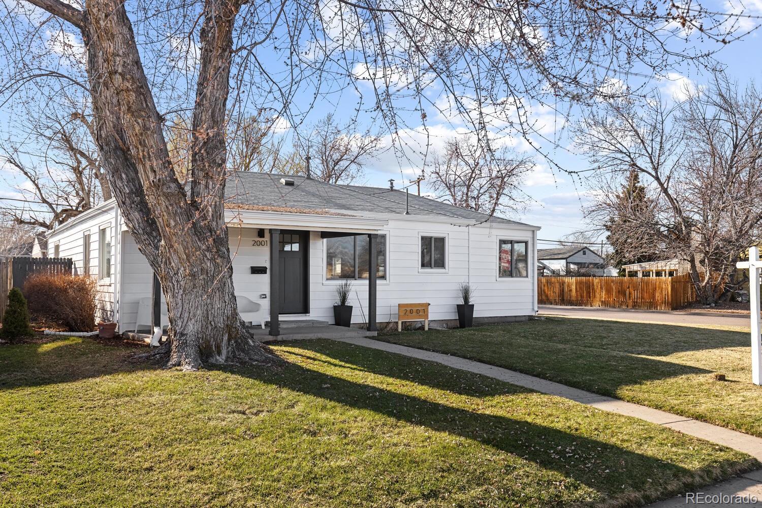 White single-story home with a covered entry, front lawn, and large leafless tree.