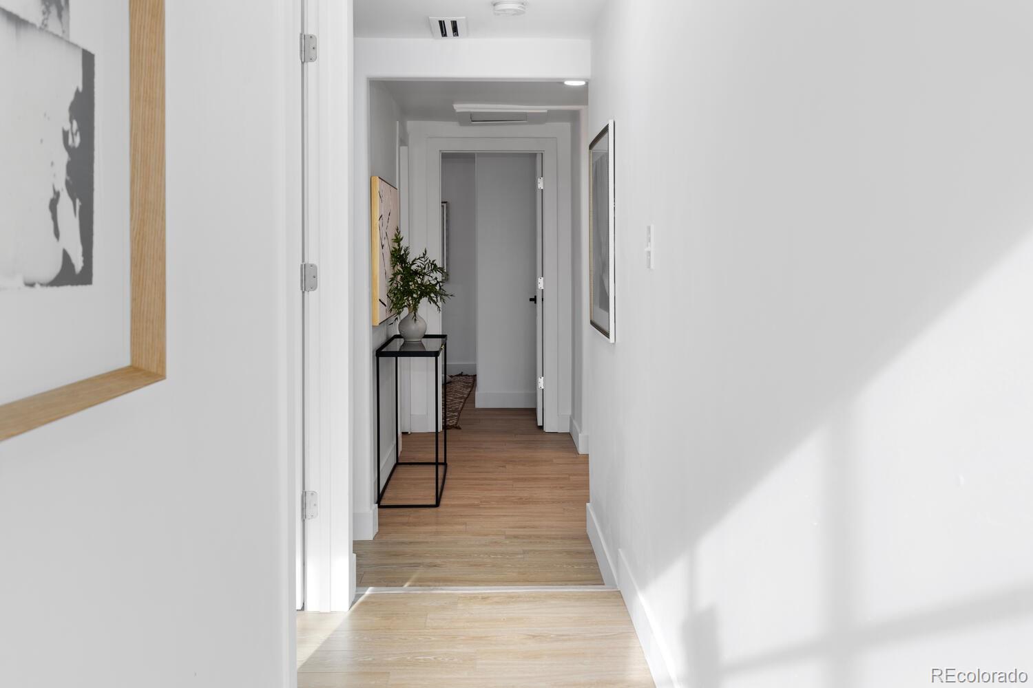 Bright hallway with light wood floors, framed art, and a black console table with a potted plant.