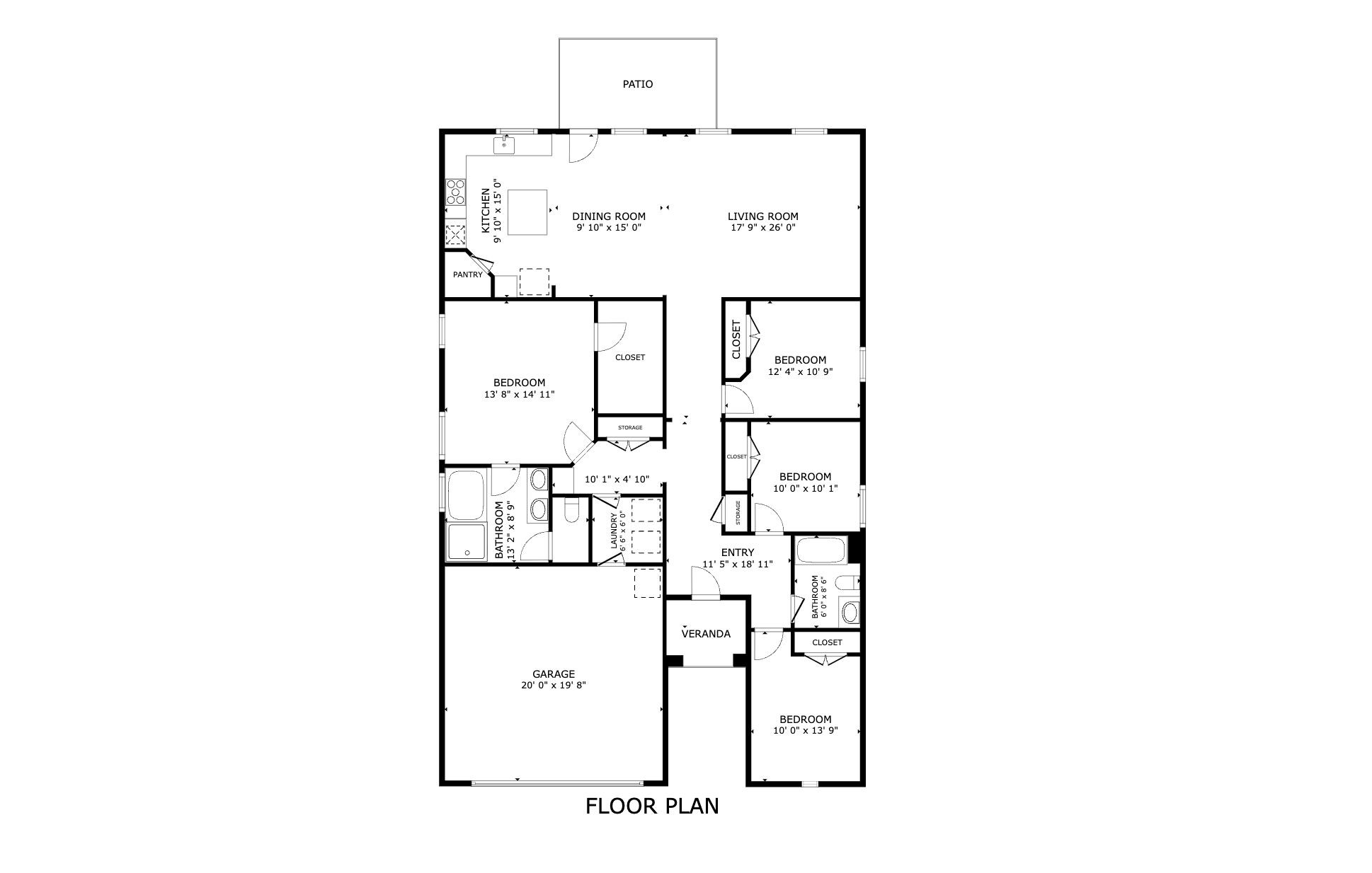 Floor plan showing four bedrooms, a garage, open living and dining area, patio, and veranda.