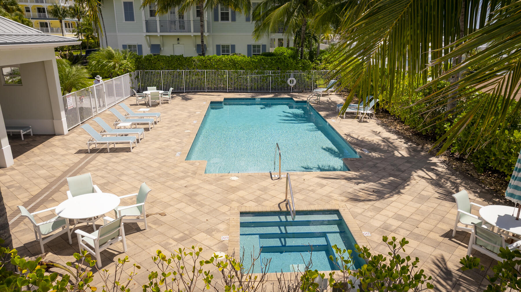 Outdoor swimming pool and shallow entry pool surrounded by lounge chairs and palm trees.