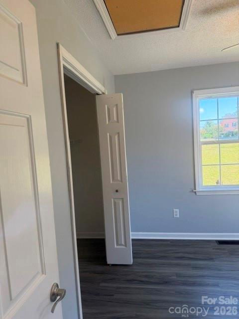 Empty bedroom with dark flooring, gray walls, and a sunlit window.
