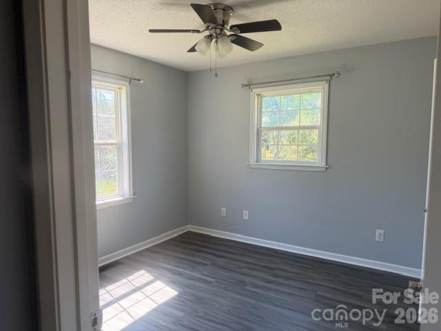 Empty gray room with dark flooring, two windows, and a ceiling fan.