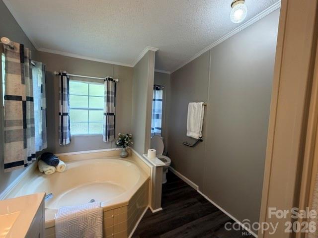 Bathroom with a corner soaking tub beneath two curtained windows.