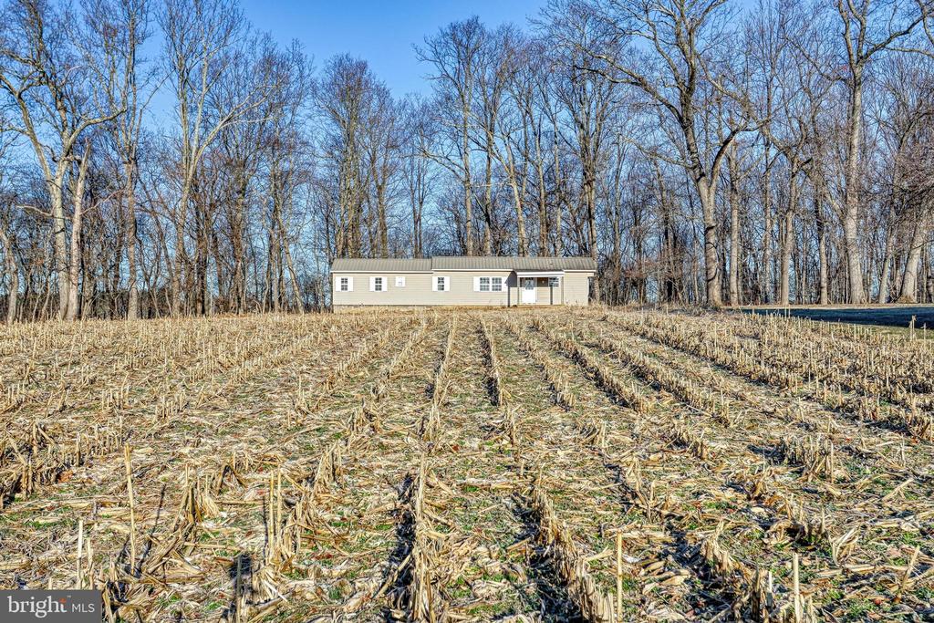 Single-story home beyond a harvested field, framed by leafless trees.