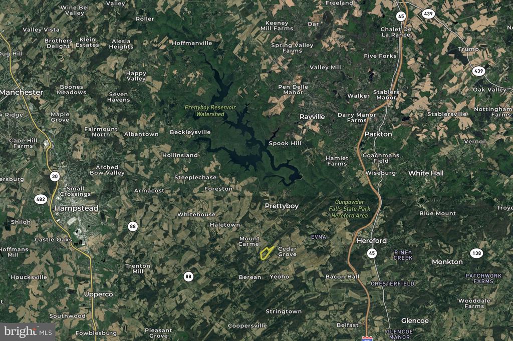 Aerial map showing the highlighted property near Mount Carmel, Maryland.