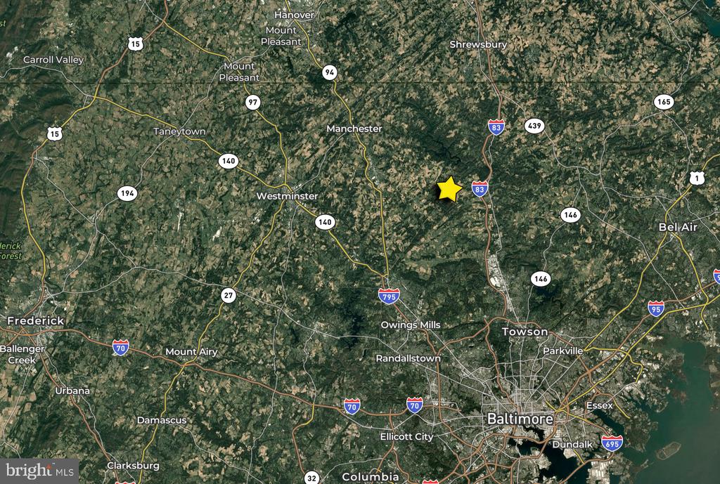 Map showing a yellow marker near I-83 north of Baltimore, Maryland.