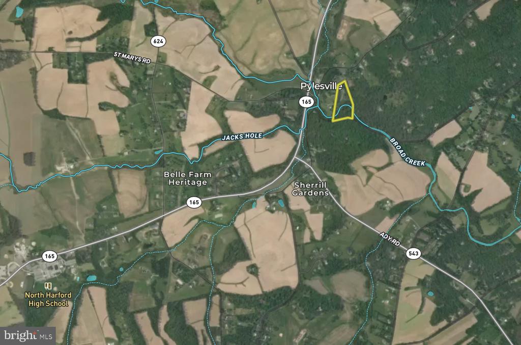 Aerial map showing a property outlined in yellow near Pylesville, Maryland.
