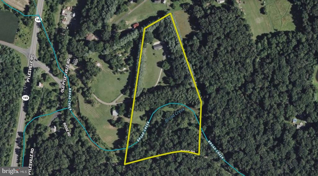 Aerial view of wooded acreage outlined in yellow, with a clearing, driveway, and Broad Creek.
