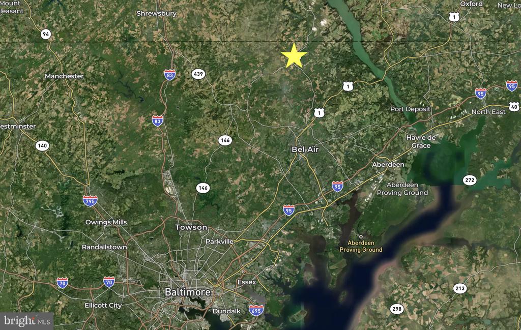 Map marking the property north of Bel Air, Maryland, with a yellow star.