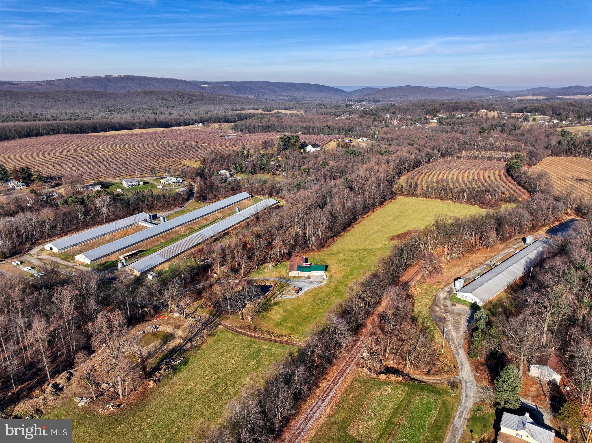 Aerial view of agricultural barns and open fields bordered by woodland, with distant mountains.