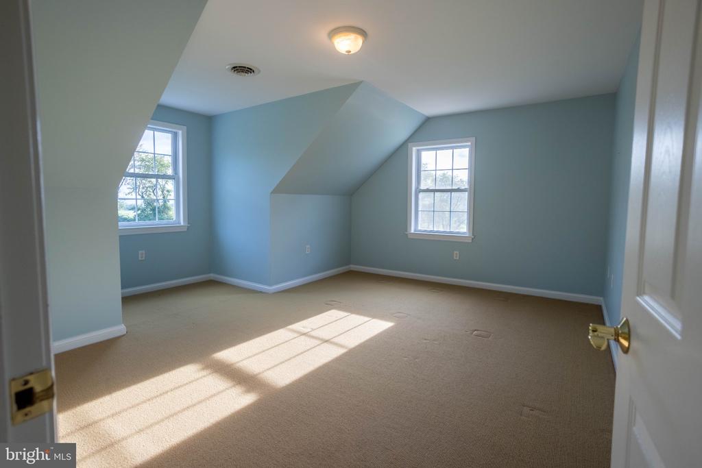 Empty blue bedroom with beige carpet, two windows, and a sloped ceiling.