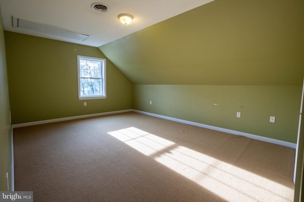 Vacant carpeted bedroom with olive-green walls, a sloped ceiling, and sunlight streaming through the window.
