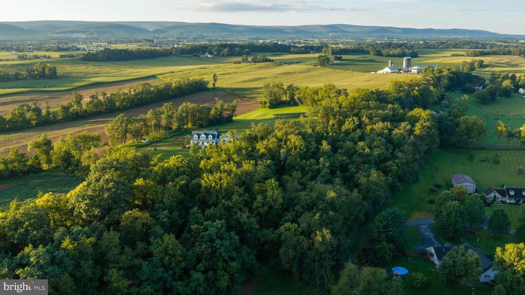 Aerial view of a tree-surrounded home amid farmland, with rolling hills in the distance.