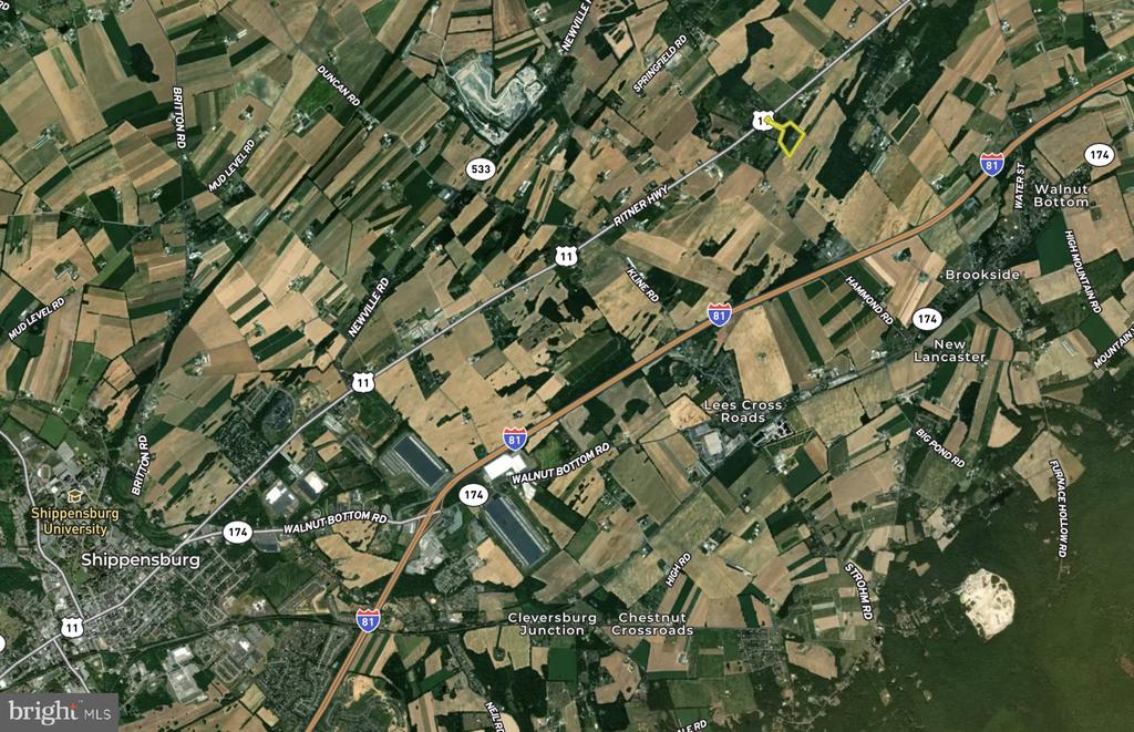 Aerial map of farmland near Shippensburg with a small property parcel outlined in yellow.