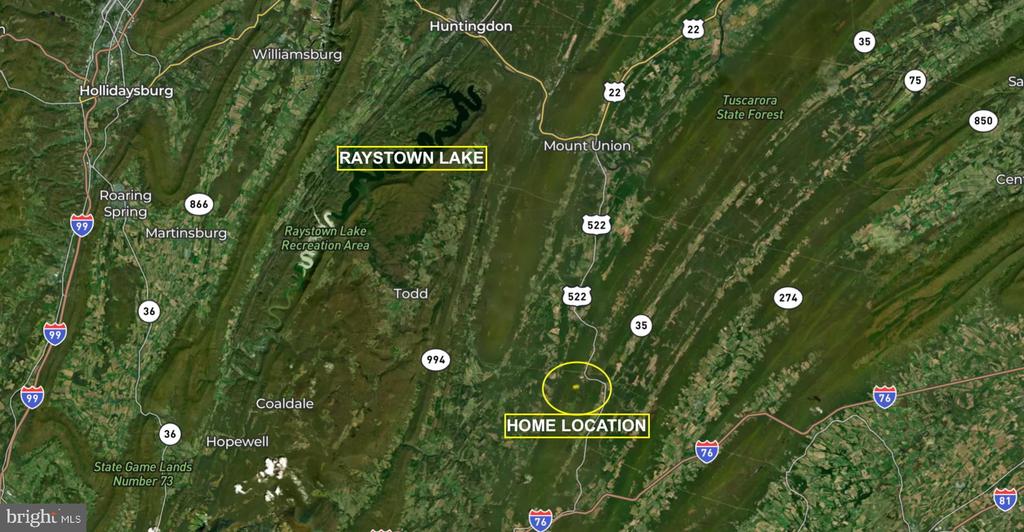 Map marking the home location near Raystown Lake, with nearby towns and highways.