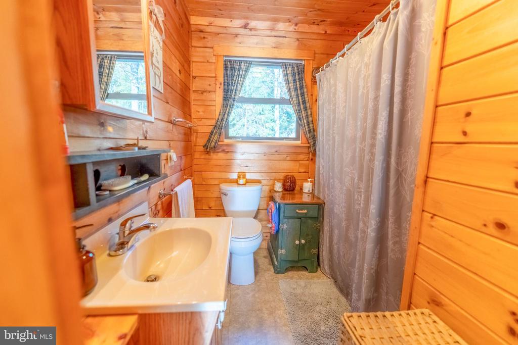 Wood-paneled bathroom with a white sink and toilet, green cabinet, and patterned shower curtain.