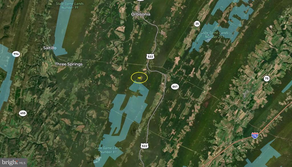 Map marking 21103 Marlin Circle near Orbisonia, surrounded by forest and State Game Lands.