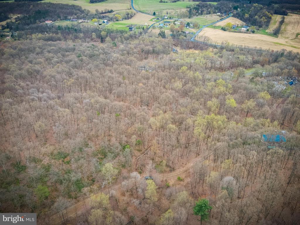 Aerial view of a wooded parcel with a dirt track and farmland beyond.