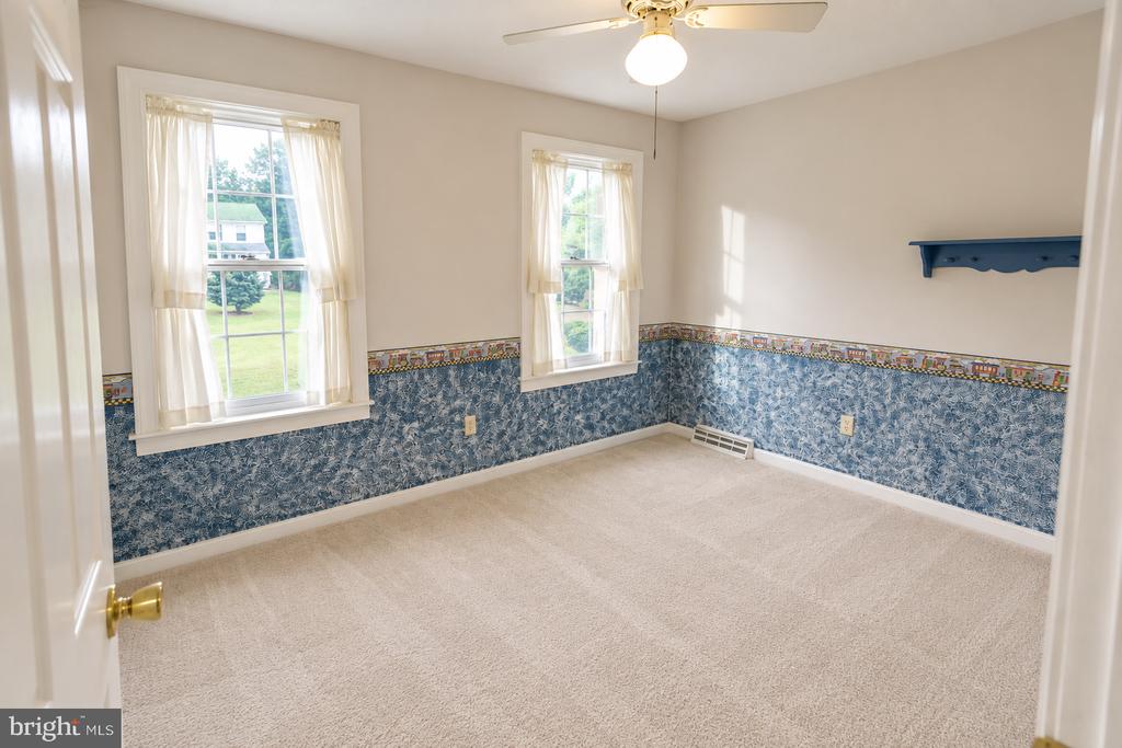 Empty bedroom with beige carpet, two curtained windows, blue patterned wallpaper, and a ceiling fan.