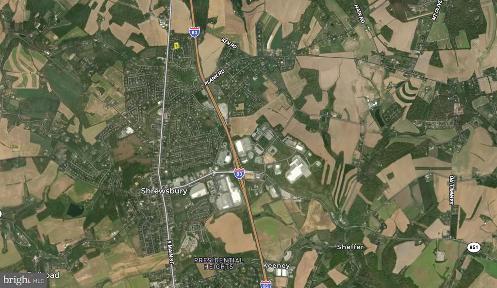 Aerial map of Shrewsbury, Pennsylvania, with Interstate 83 and surrounding farmland and neighborhoods.
