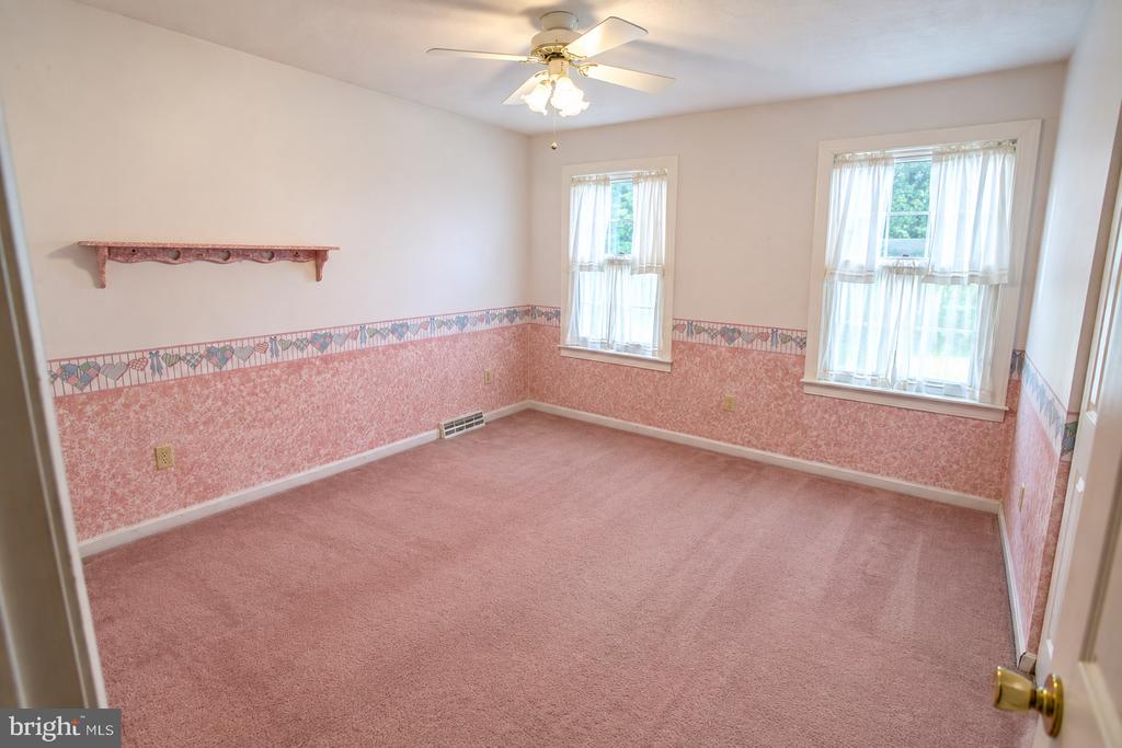 Empty bedroom with pink carpet, two curtained windows, and a ceiling fan.