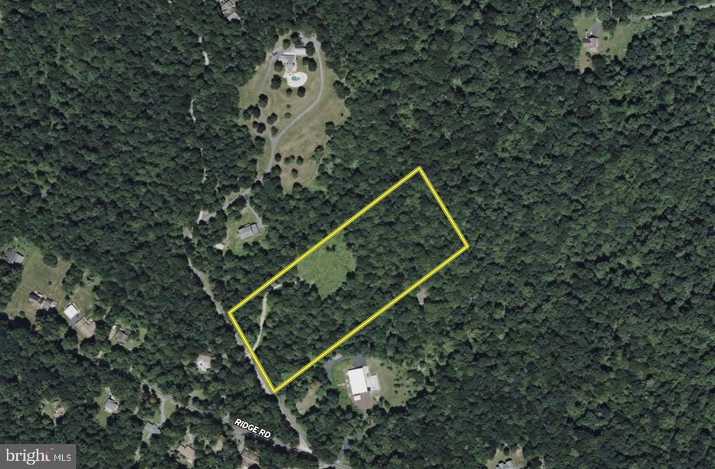 Aerial view of a wooded parcel outlined in yellow beside Ridge Road.