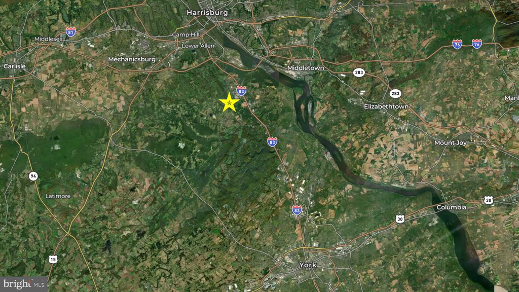 Satellite map marking a location near Interstate 83 south of Harrisburg.