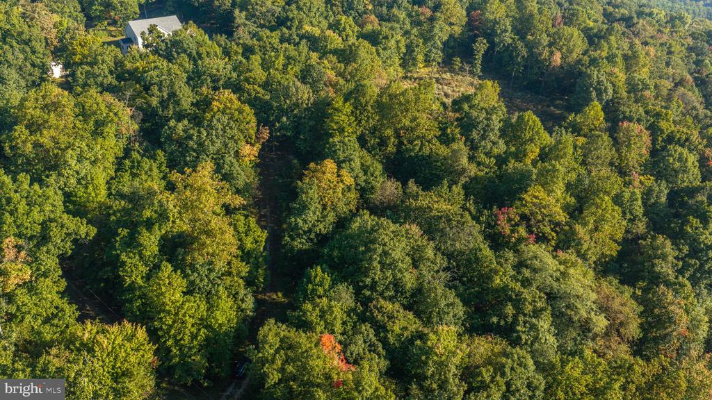 Aerial view of a wooded property with a small building near the upper edge.