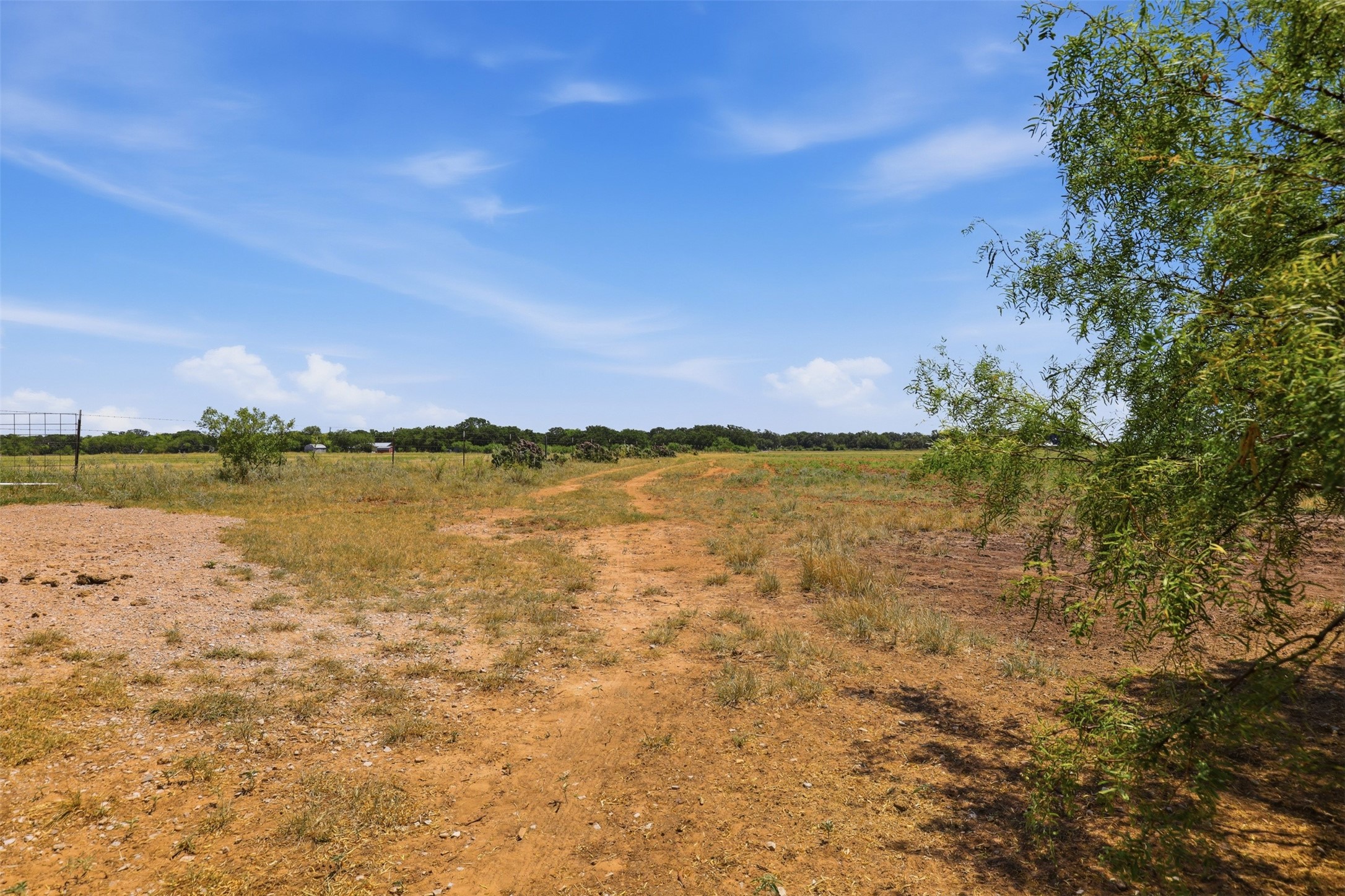 Rural vacant land with a curving dirt track, dry grass, scattered trees, and fencing.