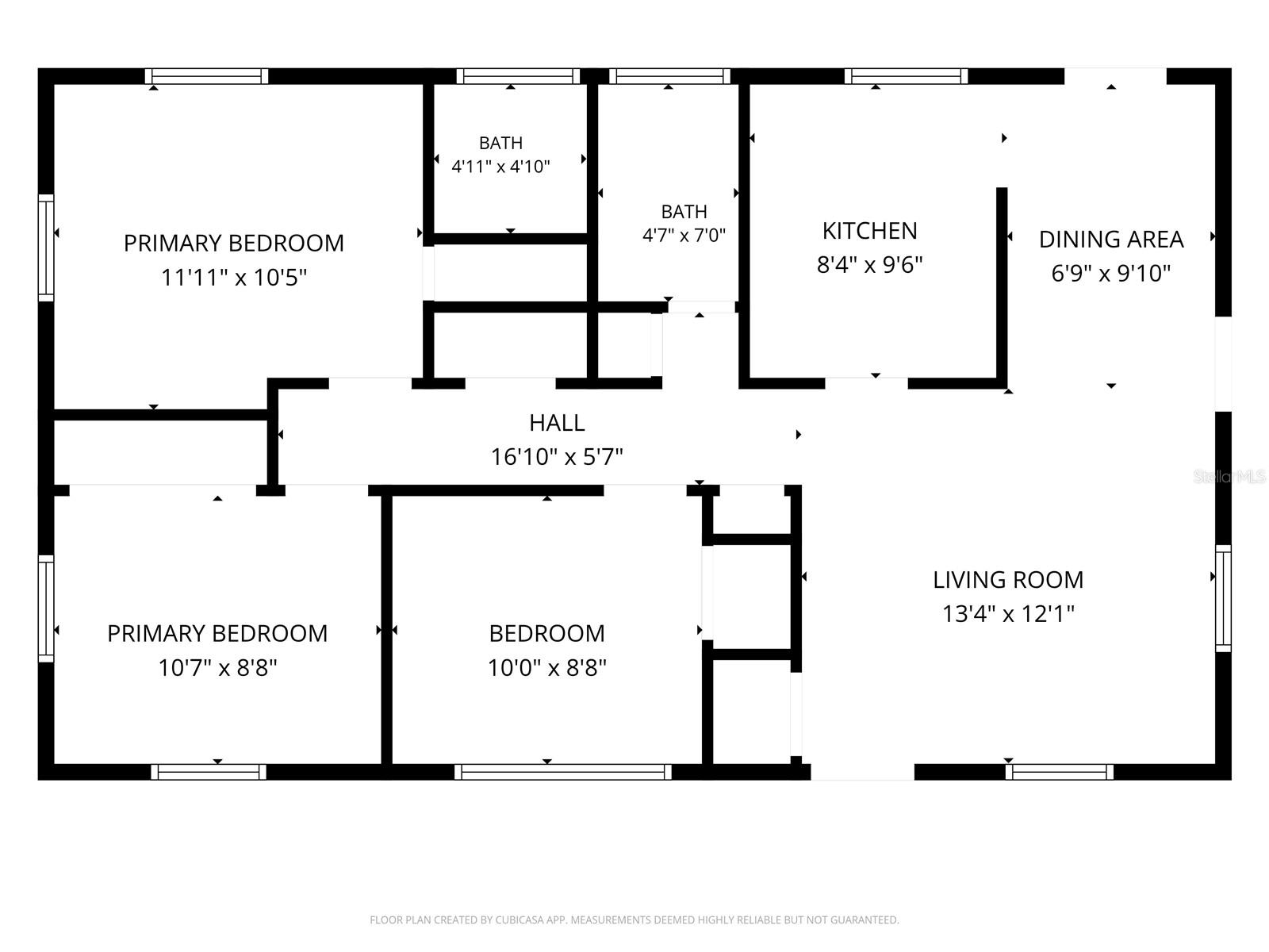 Floor plan showing three bedrooms, two bathrooms, kitchen, dining area, living room, and room dimensions.