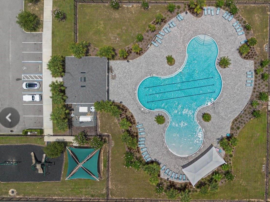 Aerial view of a curved community pool surrounded by lounge chairs and a paved deck.