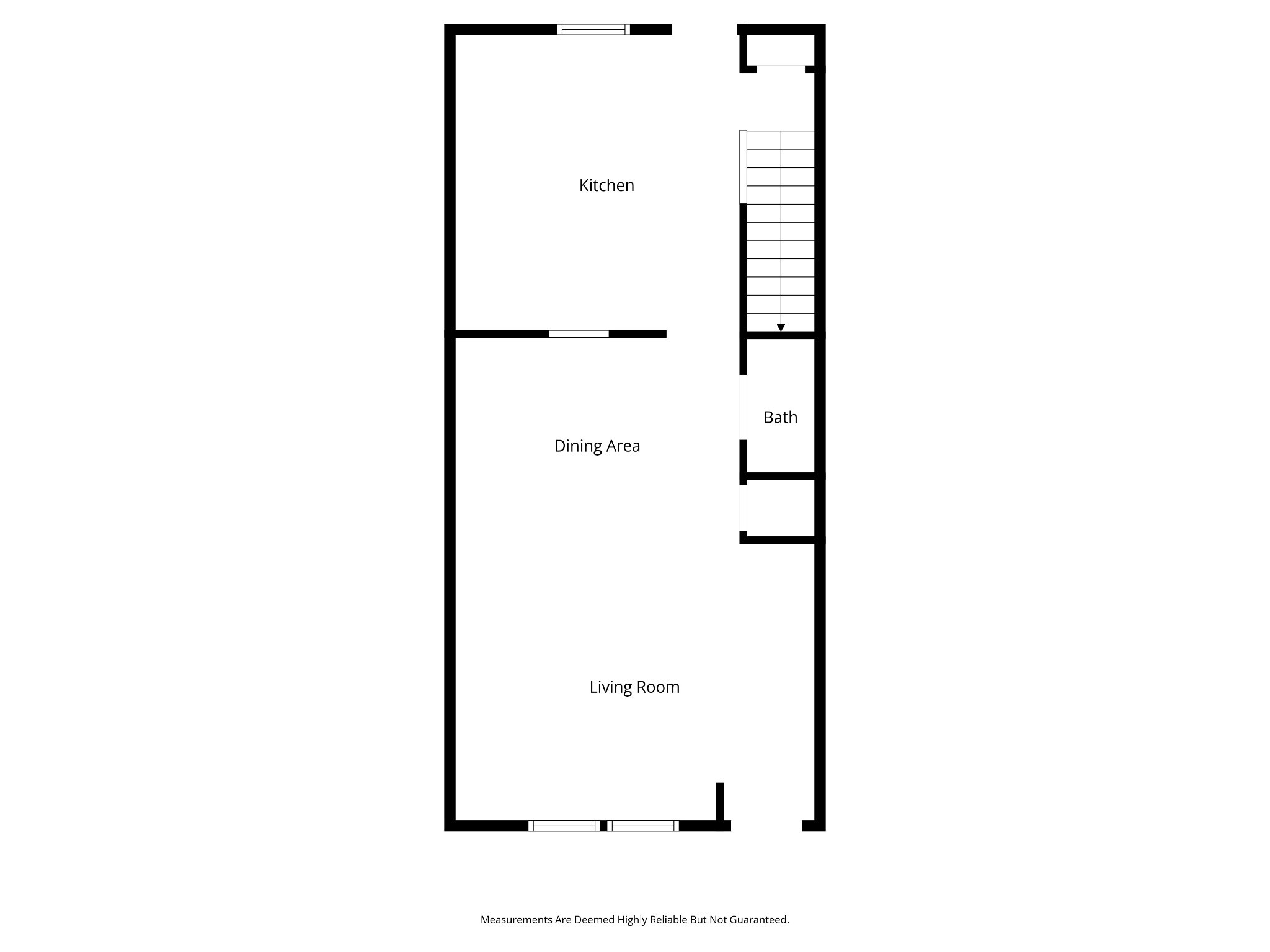 Floor plan showing a kitchen, dining area, living room, bath, and staircase.