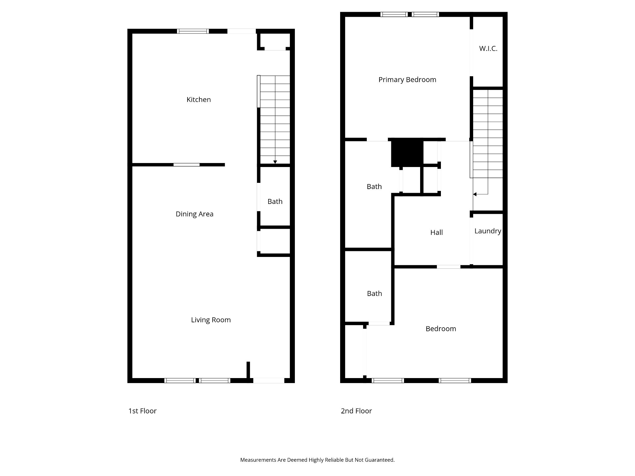 Two-story floor plan showing the kitchen, living room, bedrooms, baths, laundry, and stairs.