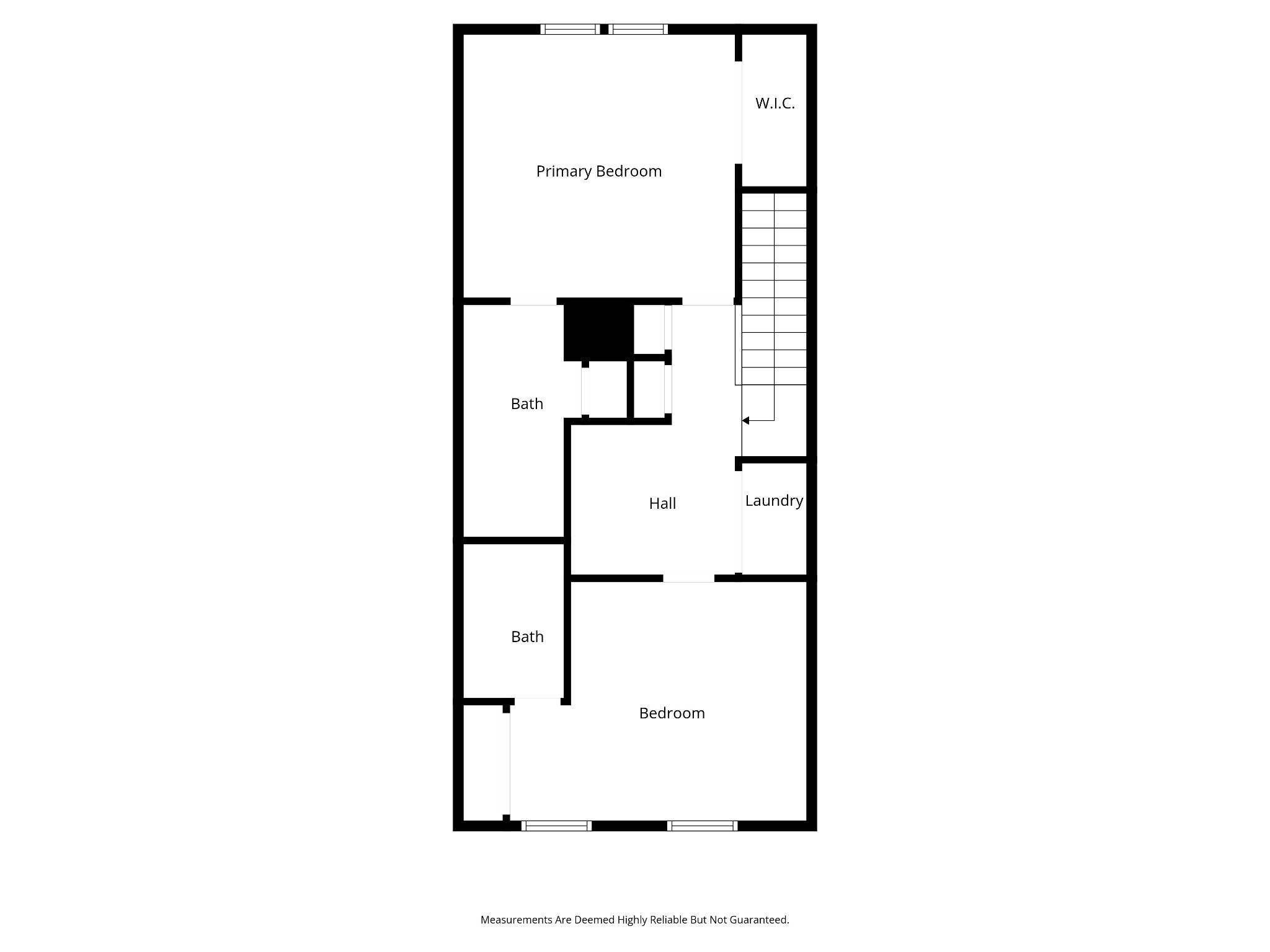 Second-floor plan showing a primary bedroom, bedroom, two baths, laundry, hall, and walk-in closet.