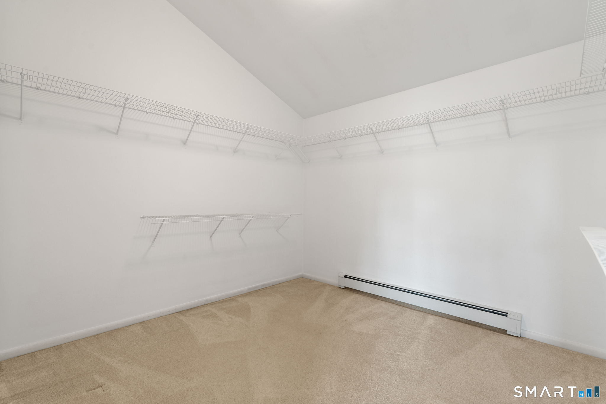 Empty walk-in closet with extensive wire shelving, beige carpet, and a baseboard heater.
