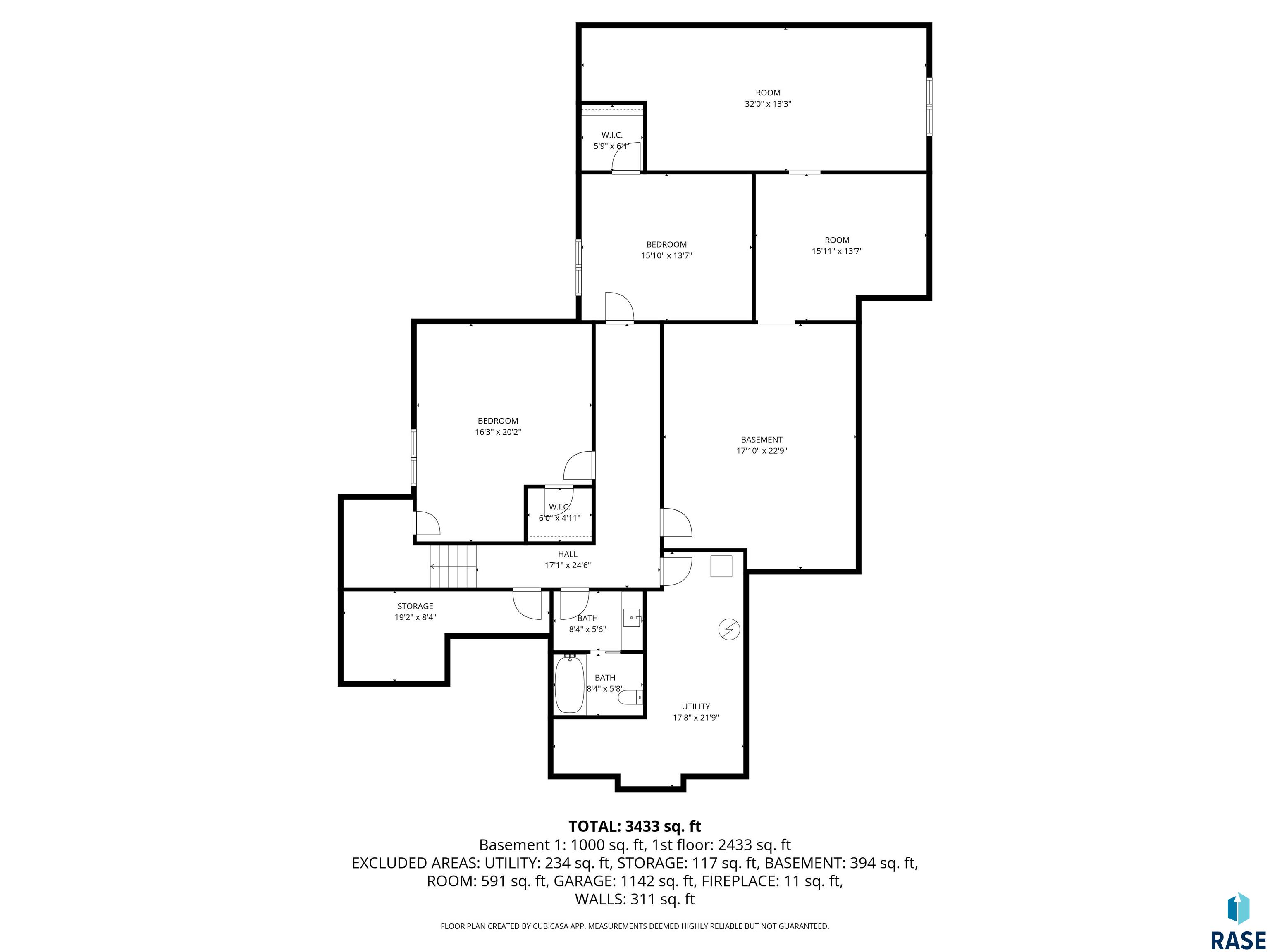 Floor plan showing bedrooms, rooms, bathrooms, basement, utility and storage areas, with dimensions and a 3,433-square-foot total.