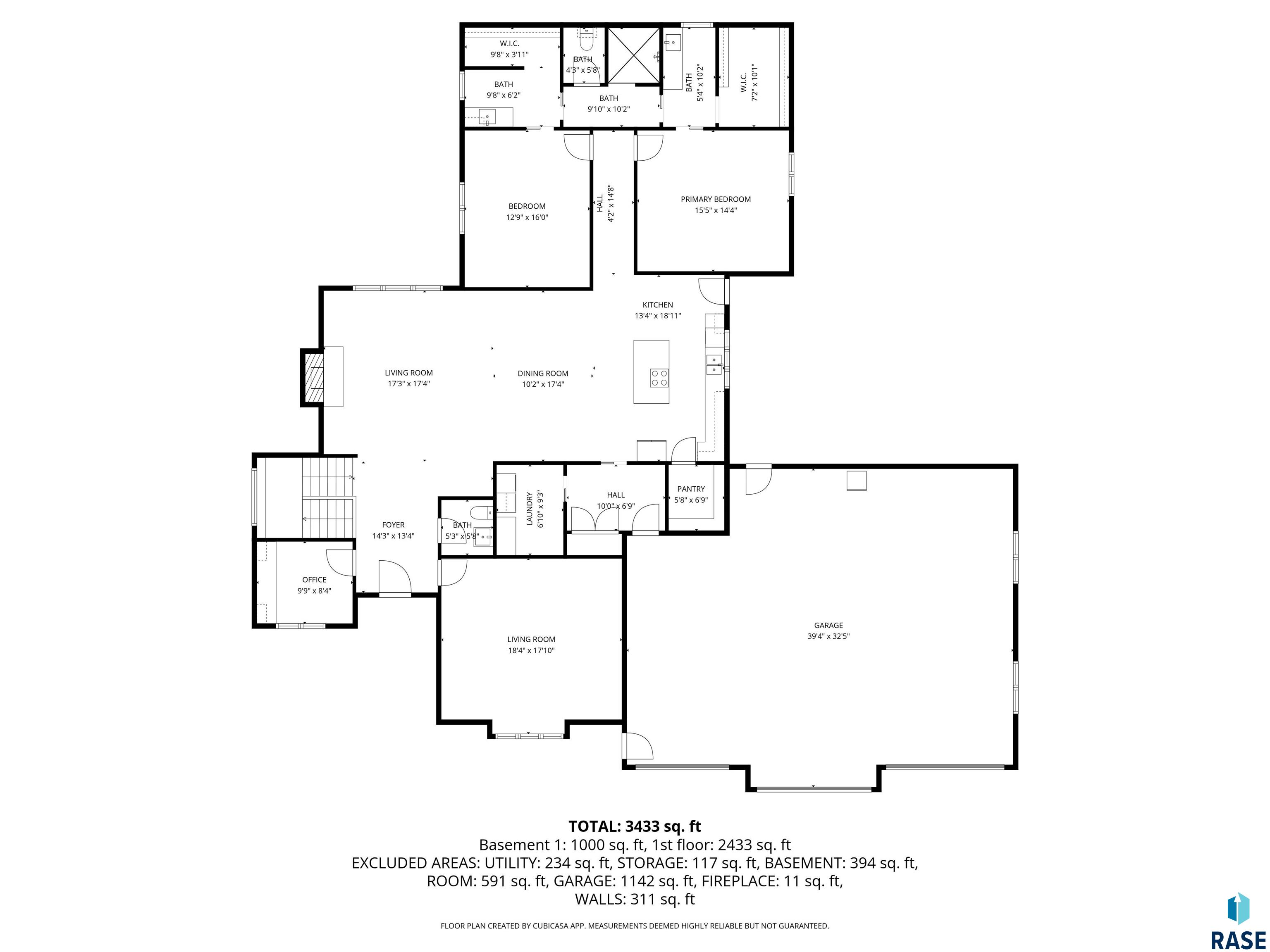 Floor plan showing bedrooms, kitchen, living areas, office, laundry, and a large garage.
