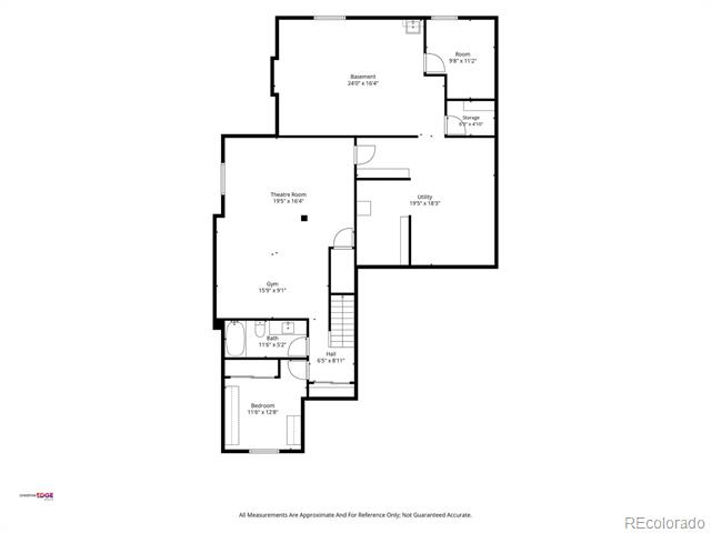 Basement floor plan with a theater room, gym, bedroom, bath, utility room, and storage.